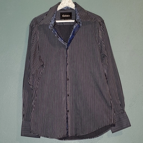 CULTURA men's navy & white LS button-up - Picture 2 of 6